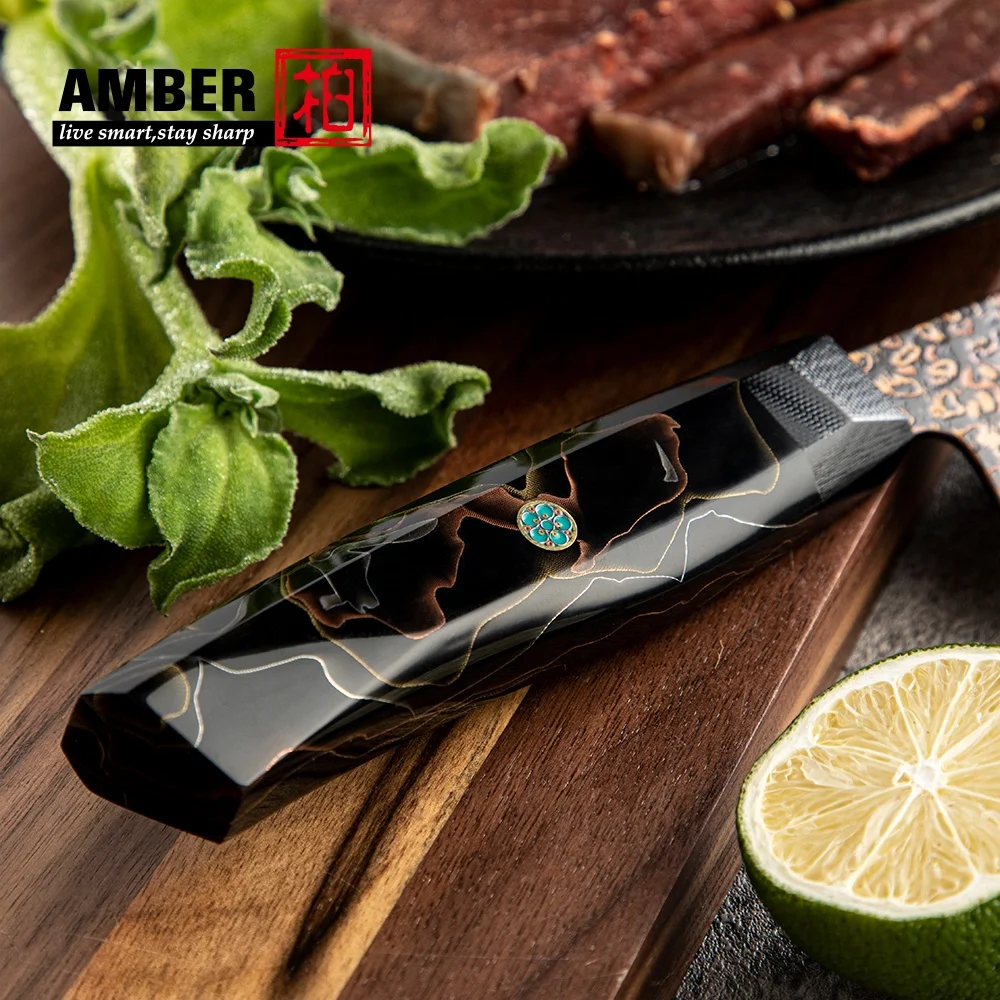 Amber Epoxy Resin Handle VG10 Black Copper Japanese Damascus Steel Chef Knife of Custom Logo