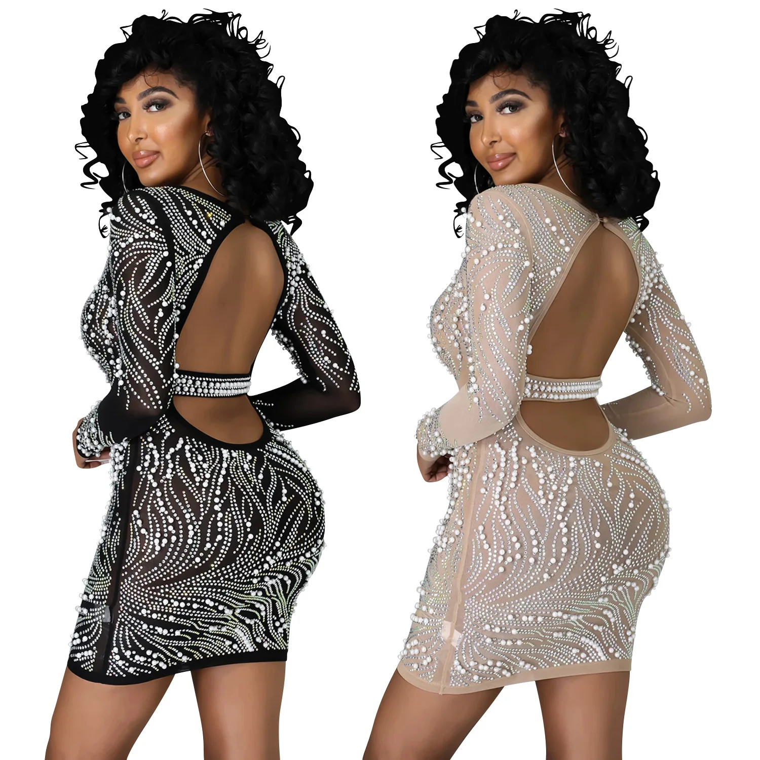 2022 New Arrivals Women Long Sleeve Floral Hot Drilling Night Dress Ladies Sexy Clear Transparent Bodycon Backless Club Dresses