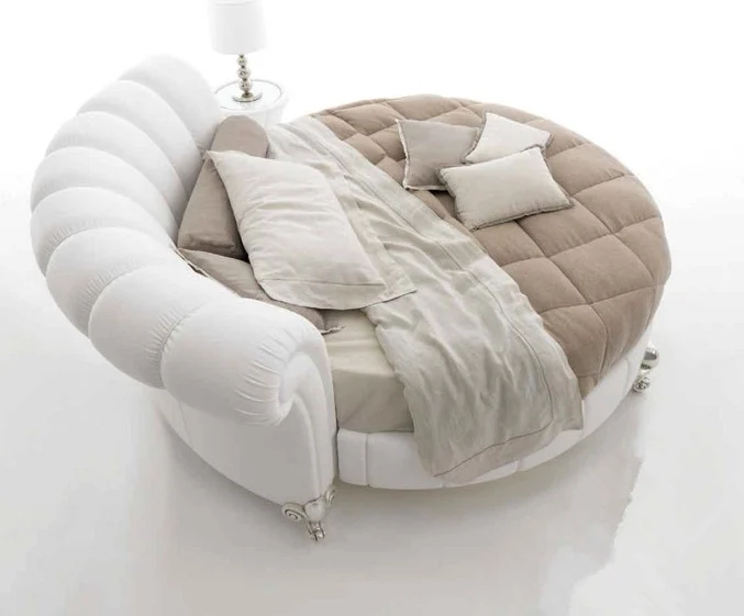 Smart leather round bed big size white bed  leather bed furniture bedroom