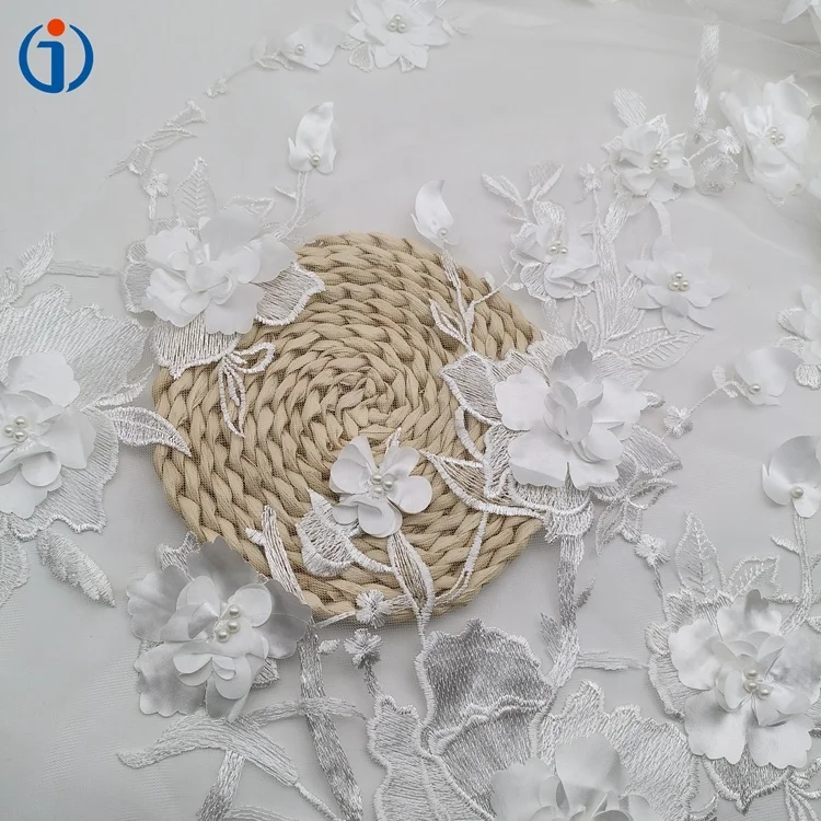 Luxury Polyester Textile White Pearl Hand Beaded Tulle Mesh 3D Flower Embroidered Fabric for Ladies Dress