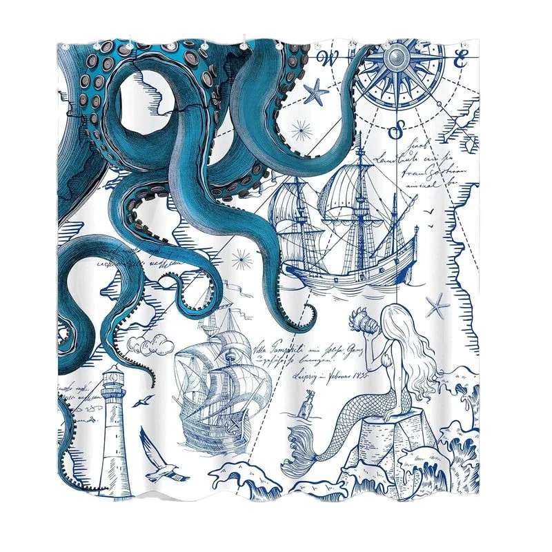 Hot Sell Custom Design Modern Bathroom Coastal Waterproof Shower Curtain Digital Print Polyester Shower Curtain and Mat Set