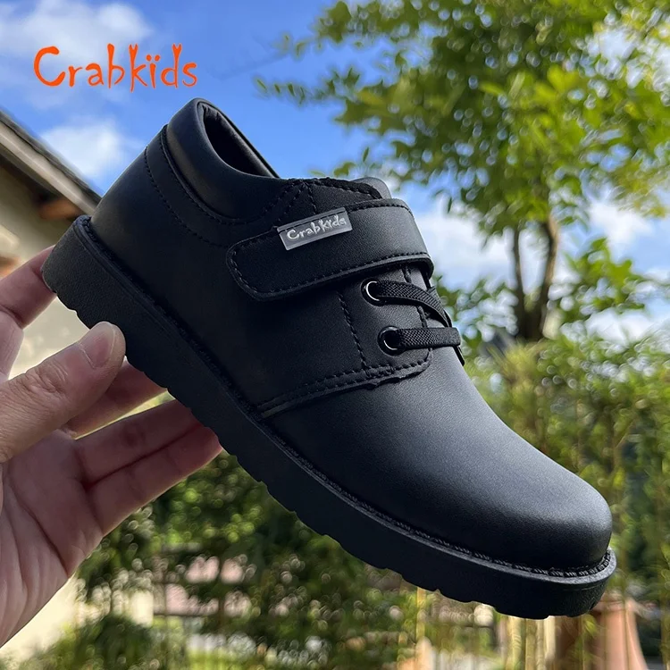 Crabkids Low Price Customized School Teenagers Boy Formal Occasion Uniform All Black Leather Kids Shoes