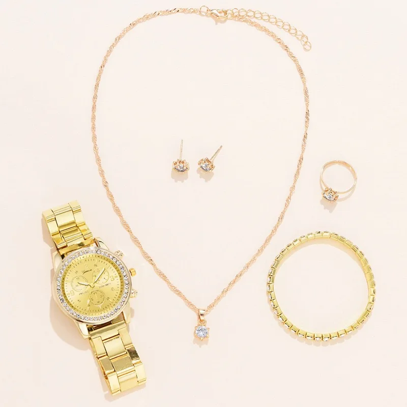 Free samples 5pcs Set Luxury Watch Women Ring Necklace Earring Rhinestone Fashion Wristwatch Casual Ladies Watches Bracelet Set