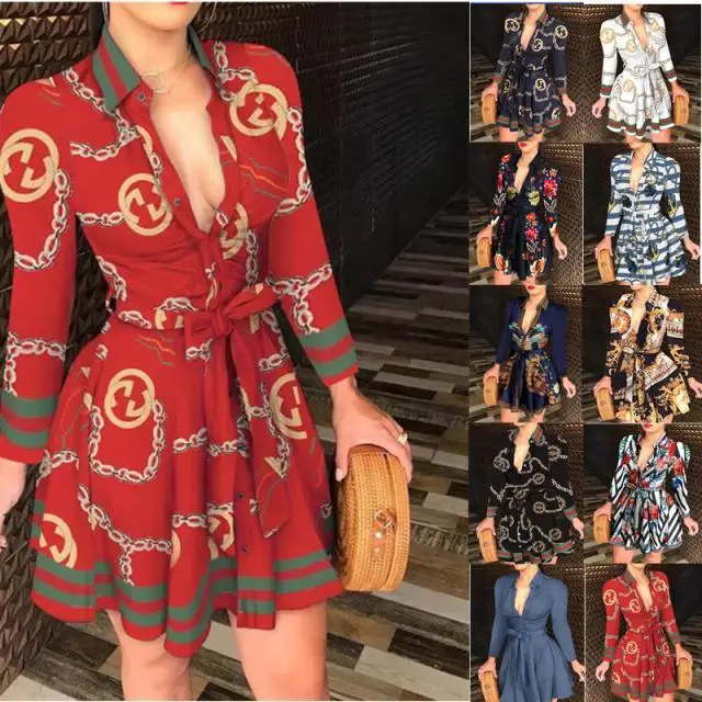 Woman New Fashion luxury Chain Summer Printed Belted Blouse Shirt Floral Casual Dresses