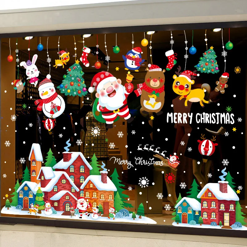 Christmas Stickers Santa Claus Snow Printed Static Clings Christmas Window Clings pvc Sticker