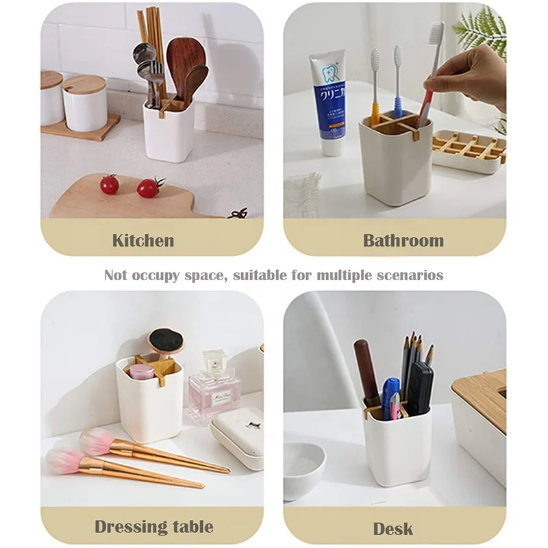 Multi Purpose Bamboo Cooking Utensil Holder for Kitchen Sink Counter Bathroom Countertop Storage Organizer with Compartments