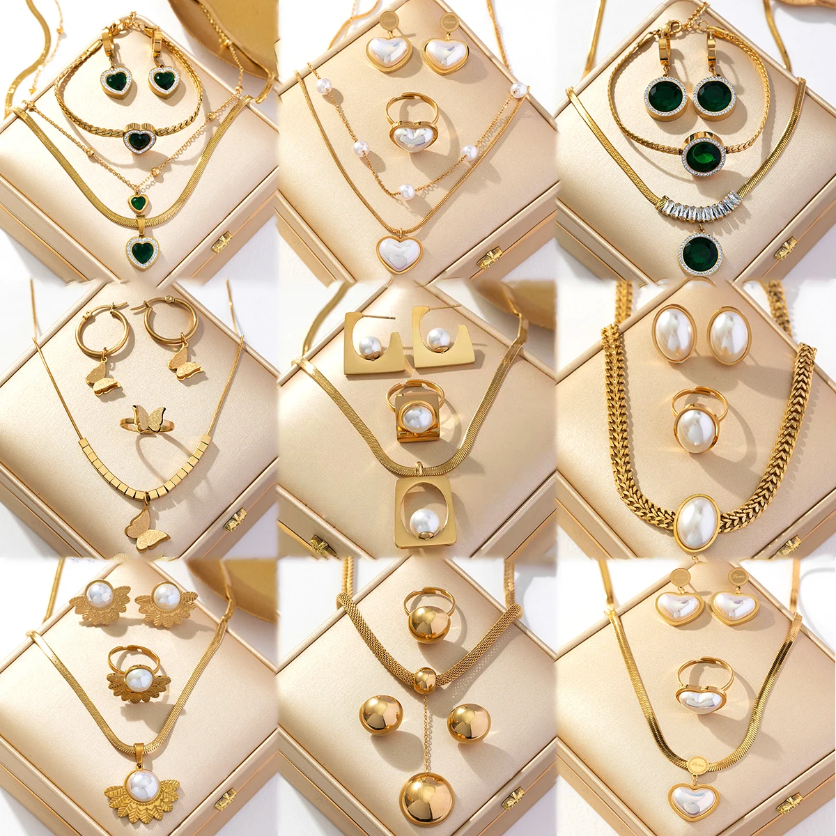 Jewelry Set Stainless Steel 18K PVD Gold Pearl Shell Emerald Zircon Heart Butterfly Pendant Necklace Ring Earrings Bracelet Set