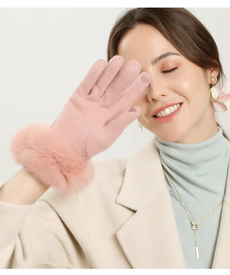 AGRADECIDO Custom Logo Winter Gloves Luxurious Women  Fur Wool Gloves