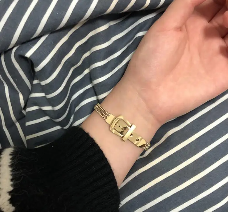 Hot Selling Charm Stainless Steel Gold Plated Jewelry Stylish Belt Buckle Splicing Multilayer Chain Street Style Unisex Bracelet
