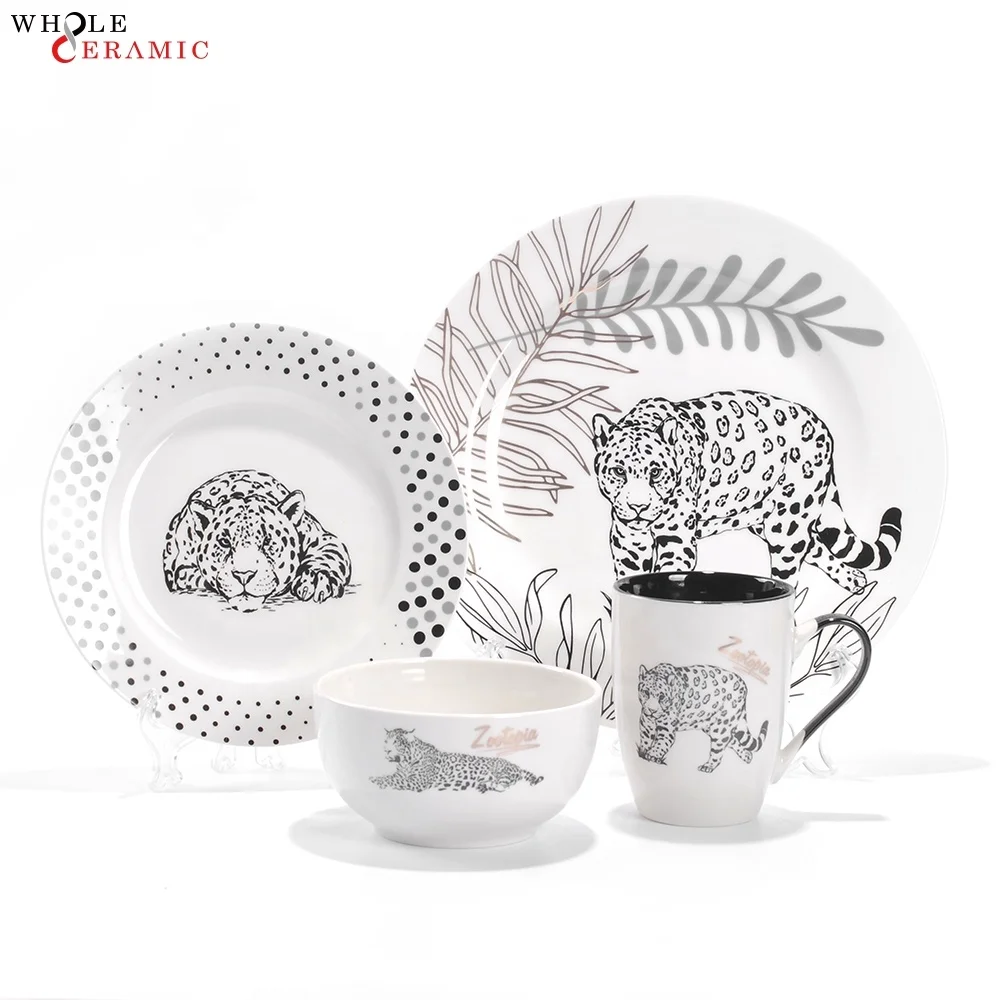 3pcs 4pcs white ceramic dinnerware  Cartoons Kids Animal breakfast ceramic porcelain dinner set