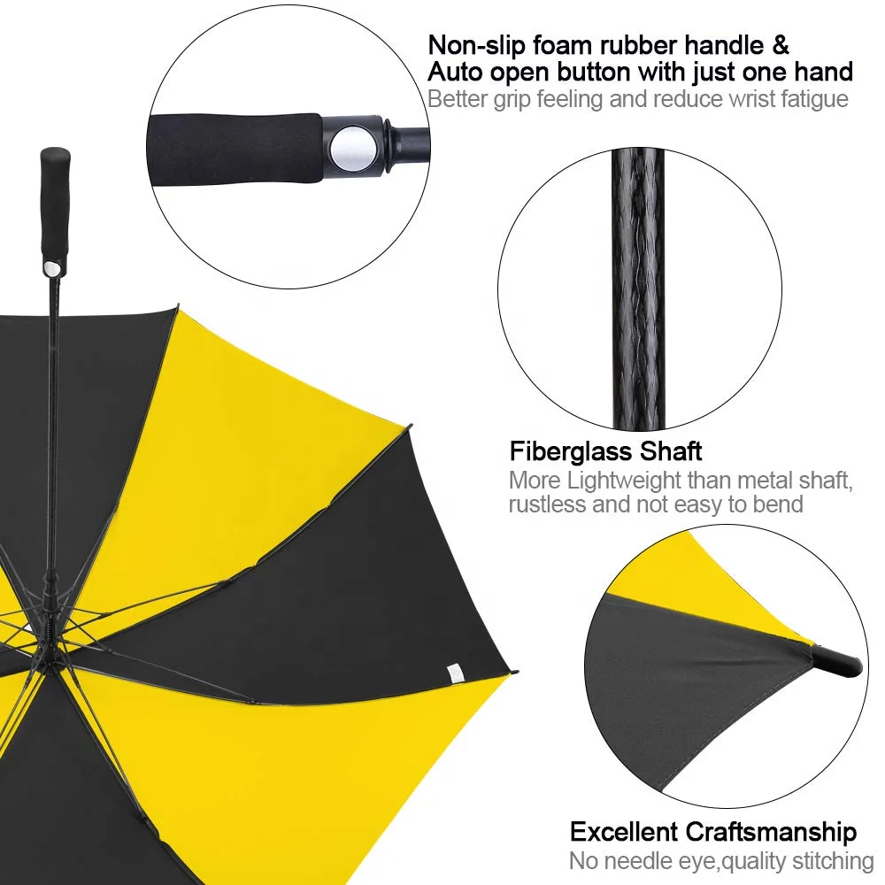 Ready to Ship Automatic Custom Golf Umbrella Windproof Fiberglass Promotional Logo Prints Plastic Handle Straight Style Adults
