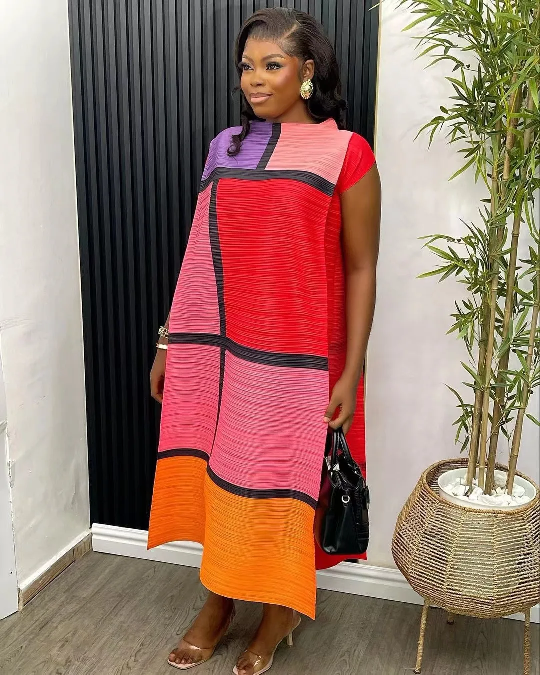 Hot Selling Summer Sleeveless Color Block Ladies Dresses Women Lady Elegant Pleated Indian Dress