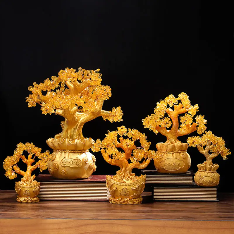 Wholesale creative Chinese style Chinatown golden luxury decoration Citrine Oak tree resin crafts Home Feng Shui ornaments