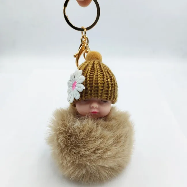 Wholesale 8cm Cute Pom Pom Ball Plush Keychains Sleeping Baby Doll Cartoon Pendant Key Ring Key Chain