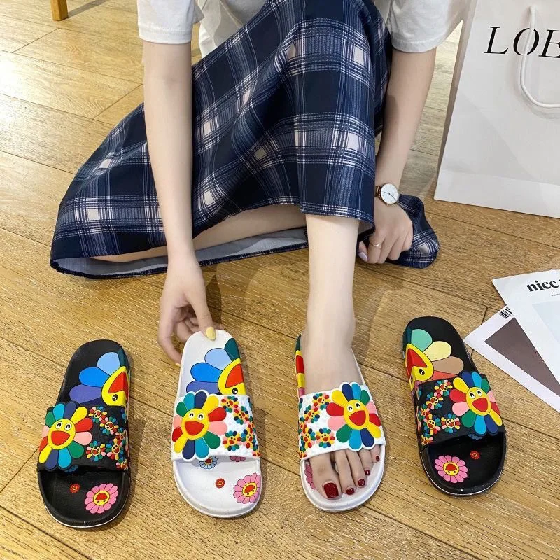 Summer Slippers for Women Fashion Outdoor Beach Sandals Sun Flower Slides Slippers Indoor Home Bathroom Anti Slip Cozy Leisure