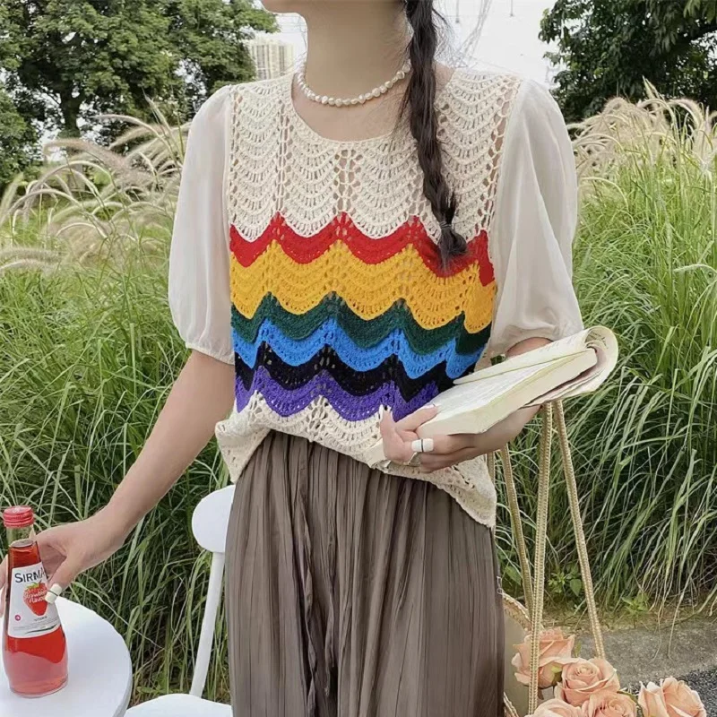 GIMILY OEM&ODM custom Summer loose short top French Vintage hollow rainbow color chiffon bubble sleeve Women Blouses & Shirts