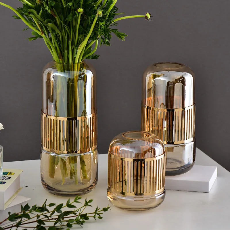Tall Blown Unique Table Clear Transparent Glass Vases With Golden Circle For Flowers
