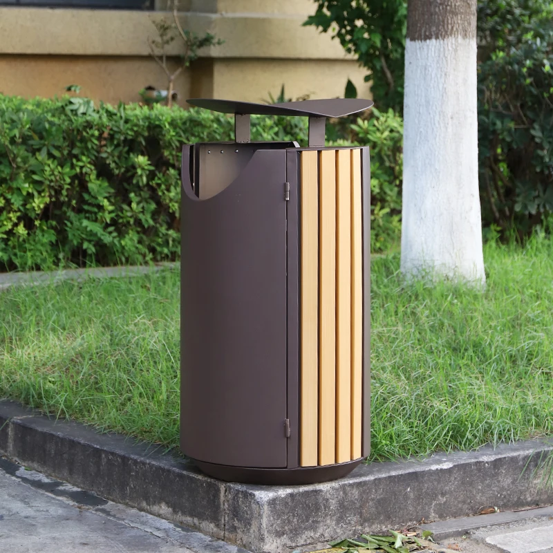 New ! Modern outdoor trash bin for park Streetscape round waste bins with 60L trash bin outdoor with PS wood commercial garbage