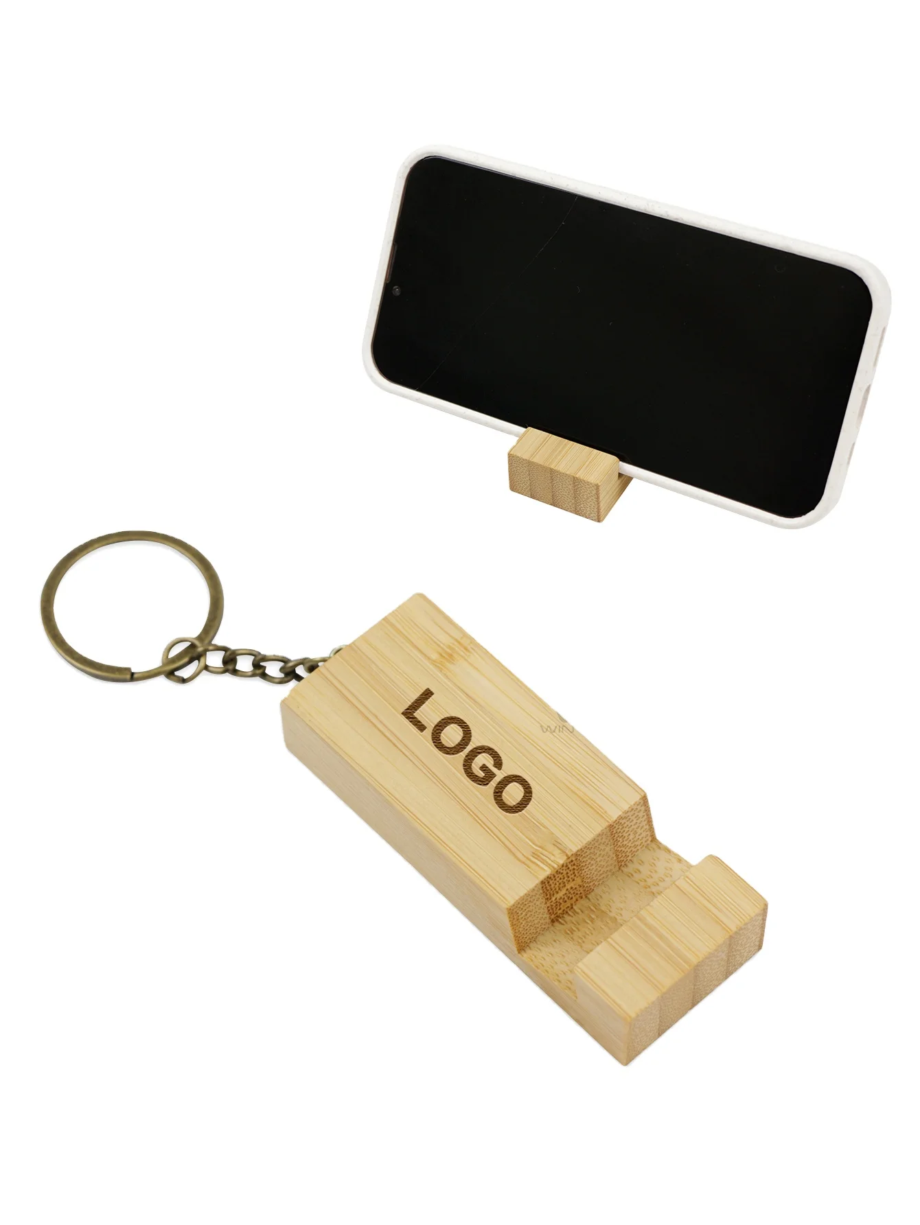 Promotional  Gift Key Chain Wood Keychain Phone Holder  Rectangle Wooden Key Ring  Cell Phone Stand Base