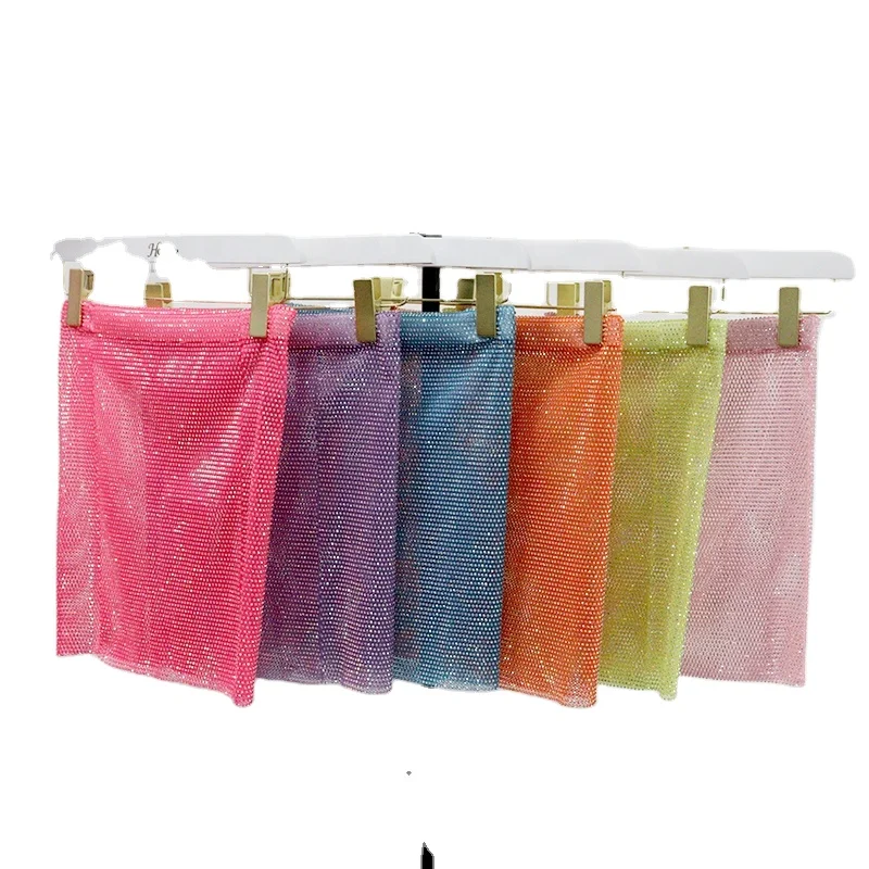 D04 Feather Rhinestone Mesh Mini Skirt  Women Outfits Hollow Out Crystal Sexy Party Dresses