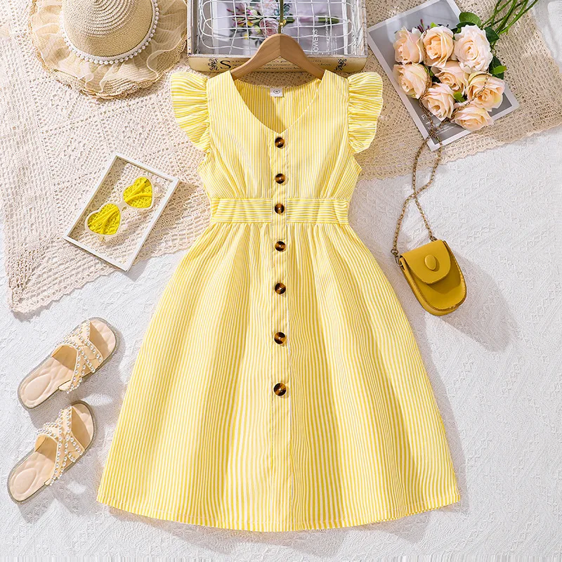 10-12 Years old Children Clothes 2024 Summer New Fashion Flying Sleeve Striped Princess Teenage Girls Dress