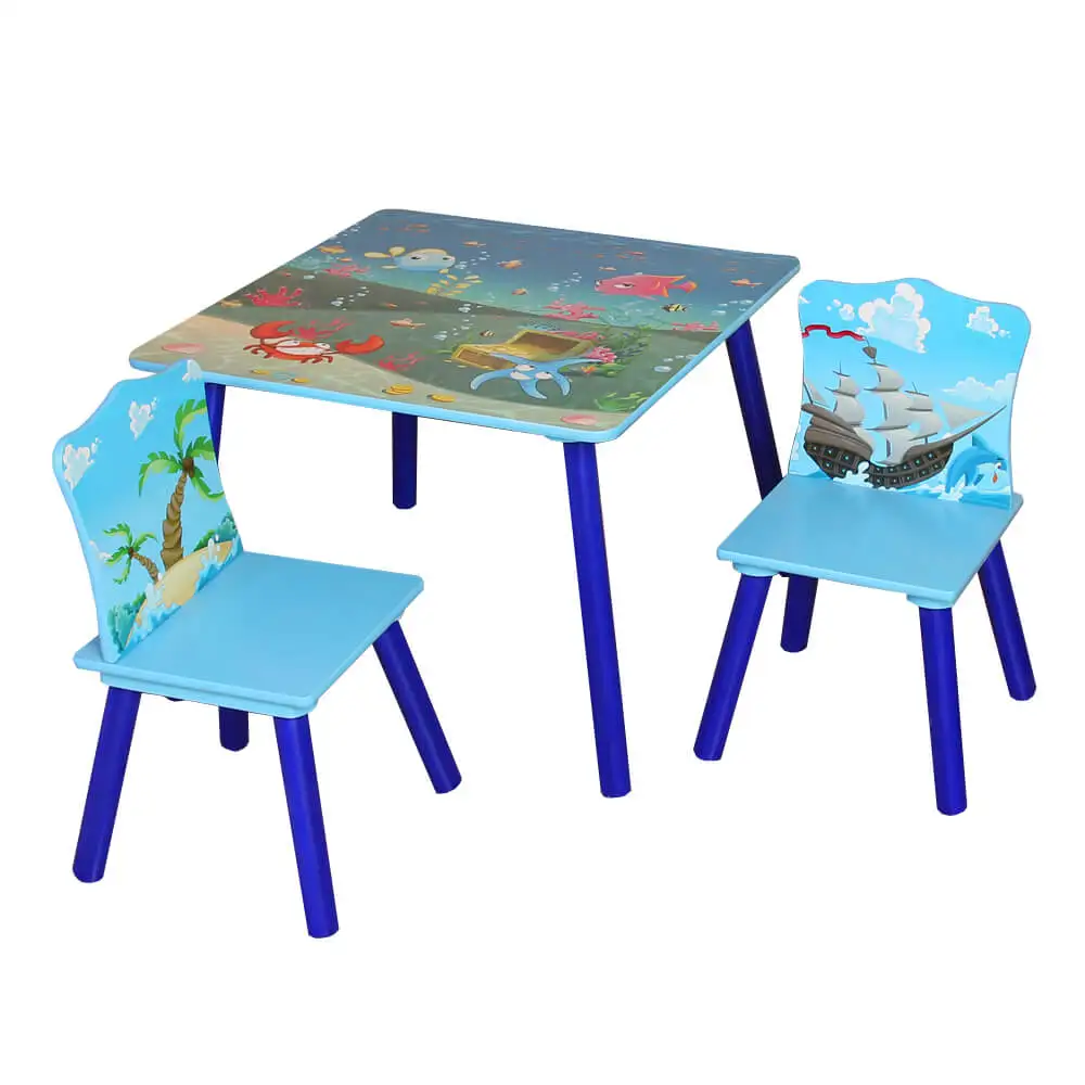 Easy assembly wooden table and chairs for children heat transfer child table with 2 chairs set for boys