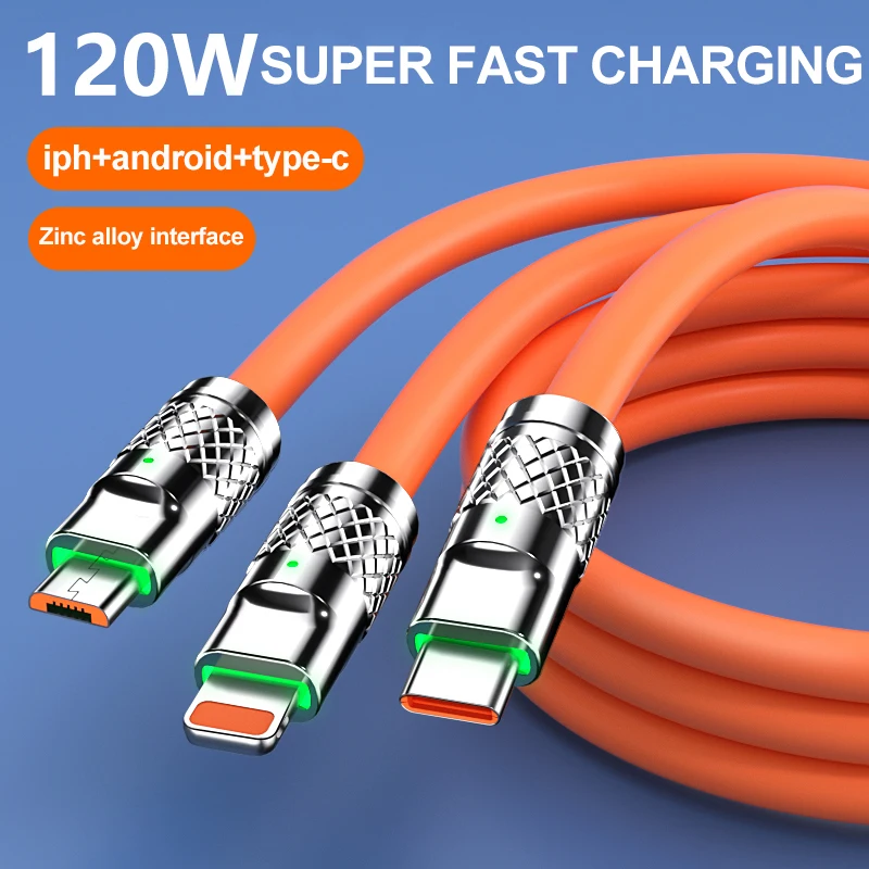 Multi Charging Cable 3 in 1 120W PD Super Fast USB Cord Silicone Charger Cable Compatible with IPH/Type-C/Micro-USB port
