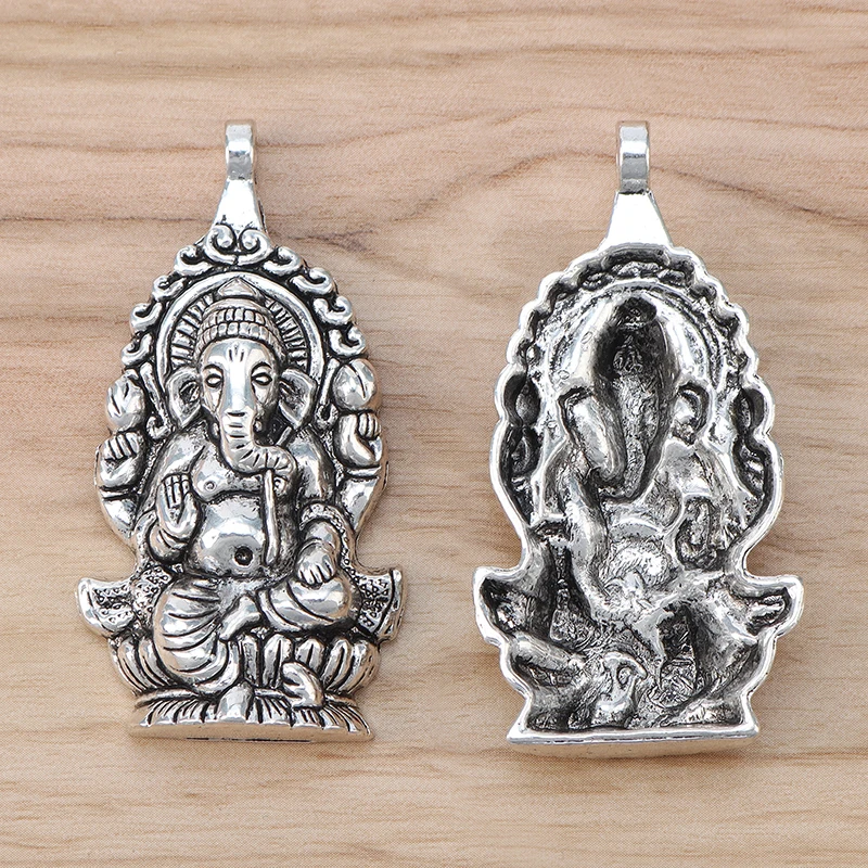 
Antique Silver Large Ganesha Elephant God Of Beginnings Charms Pendants for Necklace Jewelry Making 62x32mm 