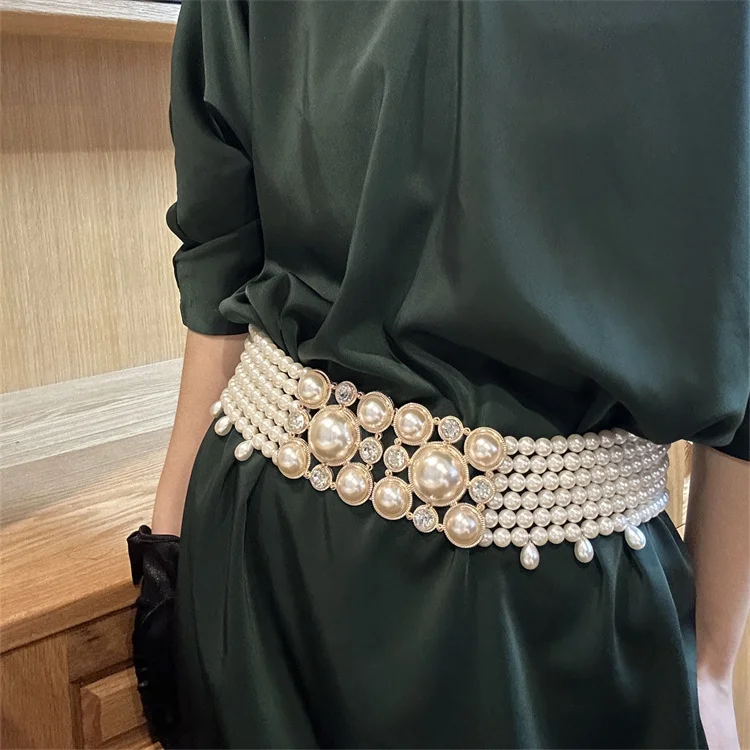 Baroque Hot Sale chunky full pearl elastic waist belt decoration dress pearl belt for women