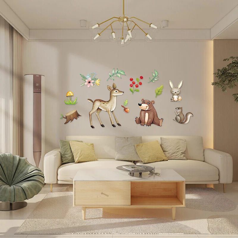 Custom design deer bear cute rabbit tree and animal pvc wall stickers for kids bedroom home decoration