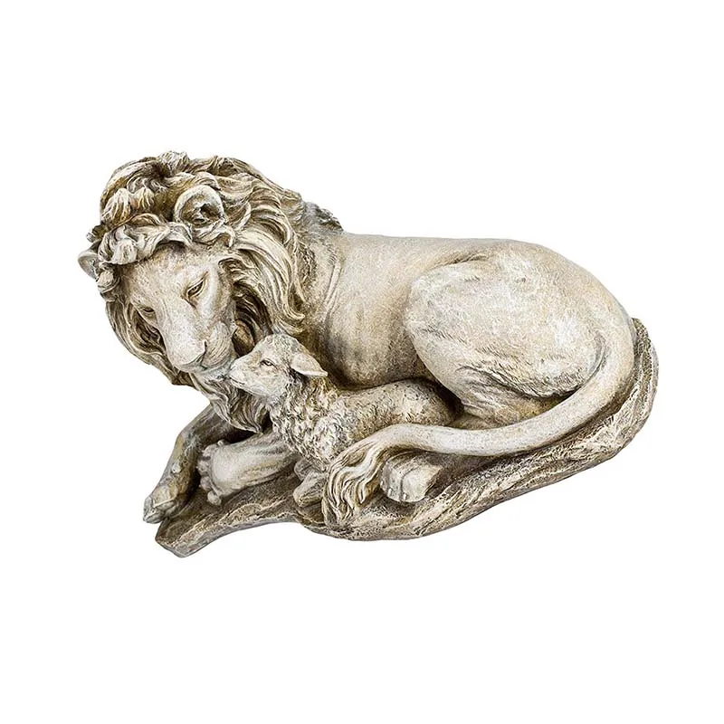 Resin Antique Grey Stone Finish Lion Garden Statue with Small Lamb