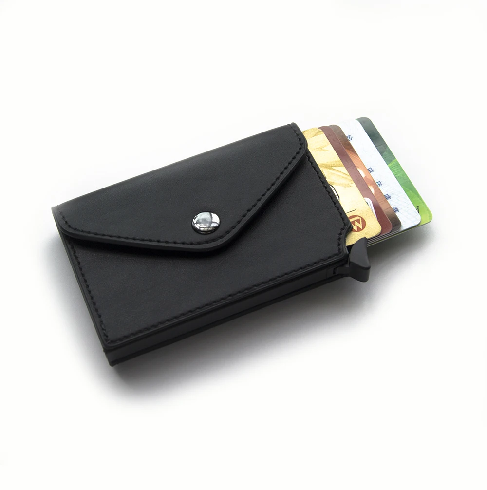 RFID Blocking Crazy Horse Leather  Button Pop Up Slim Aluminum Case Business Bank ID Credit Card Holder