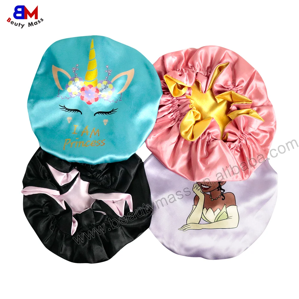 Best Selling Toddler Infant Satin Hair Bonnets Double Layered Reversible Kids Cartoon Character Satin Bonnet for Night Sleep Cap