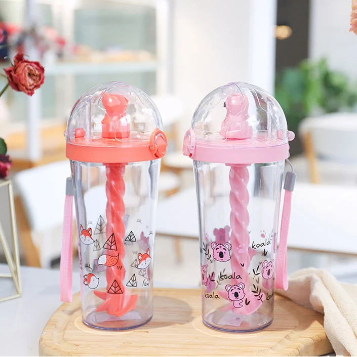 500ml Mini Creative Animal Printed Outdoor Sports Cup with Threaded Straw Student Plastic Water Cup