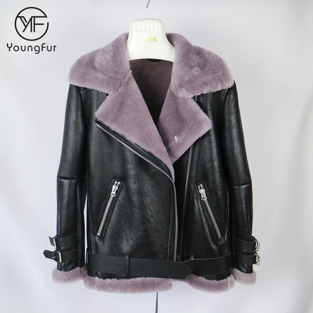 Winter Wholesale Shearling Sheepskin Women Coat Motorbike Aviator Thick Double Face Lamb Skin Fur Coat Leather Jacket