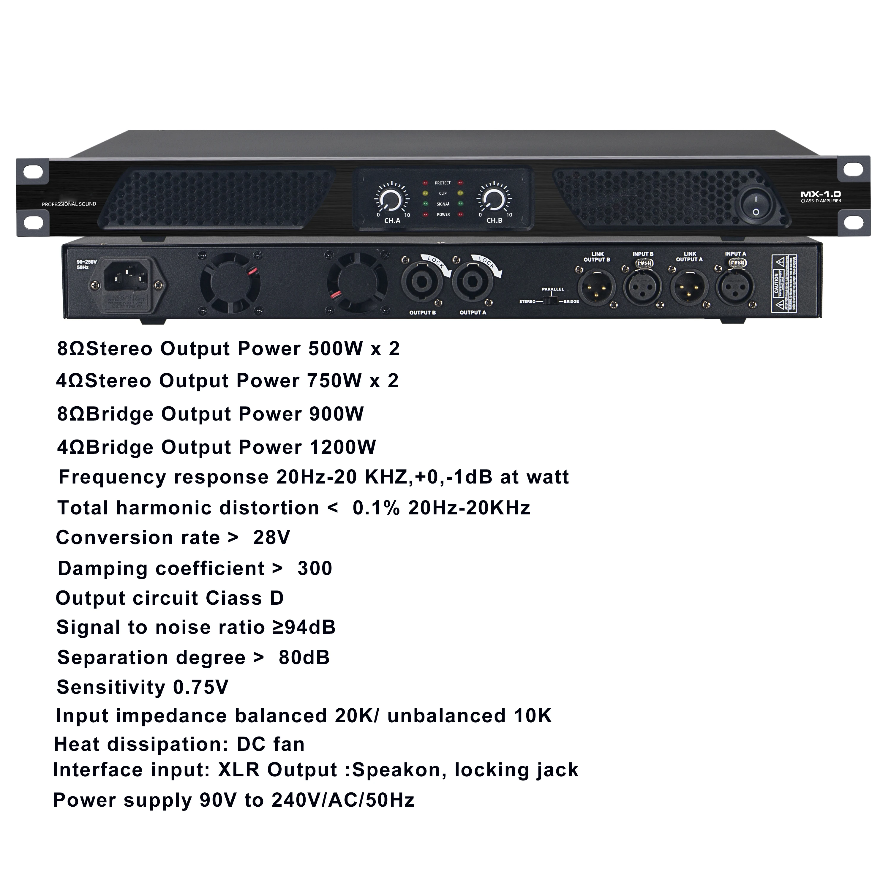 1U 500W 2  Channel Professional Digital Power Amplifier for Stage Performance Concert Meeting KTV