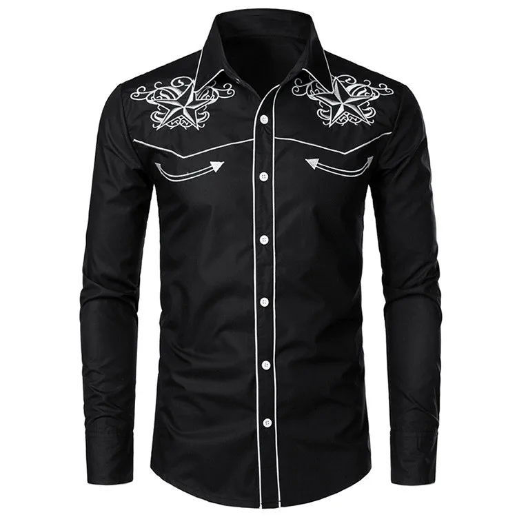 High quality cotton men western embroidered casual long sleeve cowboy shirt