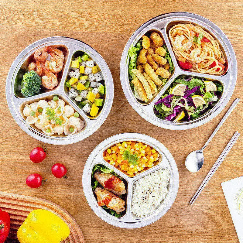 Premium 304 Stainless steel round dinner plate  3 Section Round Dinner Plates ,Indian Thali Plate