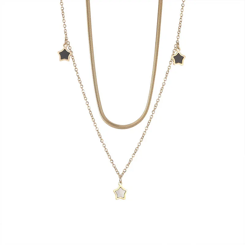 N042-001 Halo black and white shell two layers classic star stainless steel gold necklace
