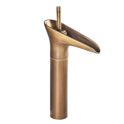 Copper Glass Water Tap Waterfall Spout Single Lever Hot and Cold Water Sink Faucet Antique Brass Bathroom Basin Faucet