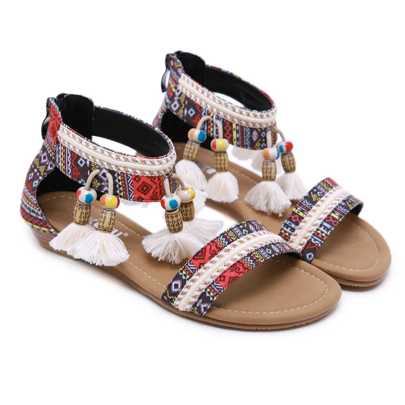 
Women Fashion Rome Bohemia Rhinestone Soft Sole Open Toe Flat Sandals Comfy Summer Shoes Plus Size 