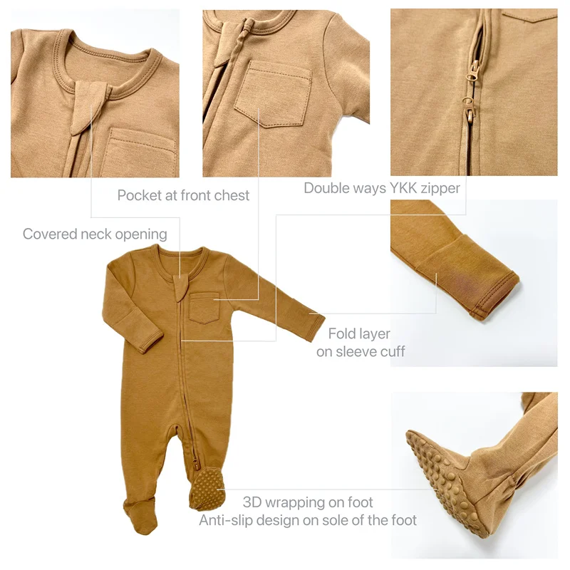 Wholesale Toddler 100% Organnic Cotton Pajamas Long Sleeve Zipper Baby Footed Pajamas Infant Romper