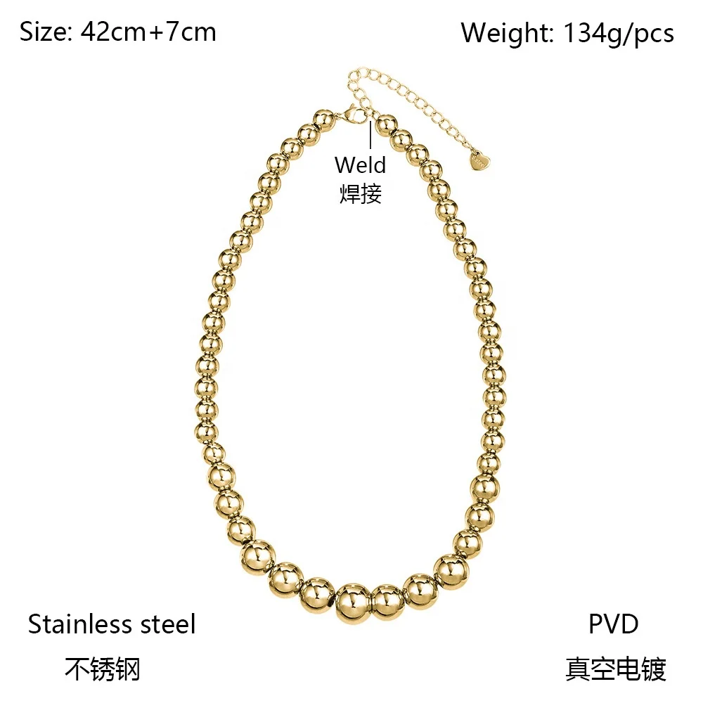 Minimalist PVD 18K Gold Plated Round Beads Necklace For Women Water Proof Tarnish Free Stainless Steel Hypoallergenic Jewelry