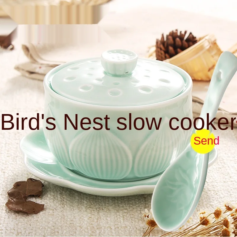 Домашняя керамическая чашка для тушения Celadon lotus с крышкой, птичье гнездо, чаша для приготовления яиц на пару, маленький горшок для тушения