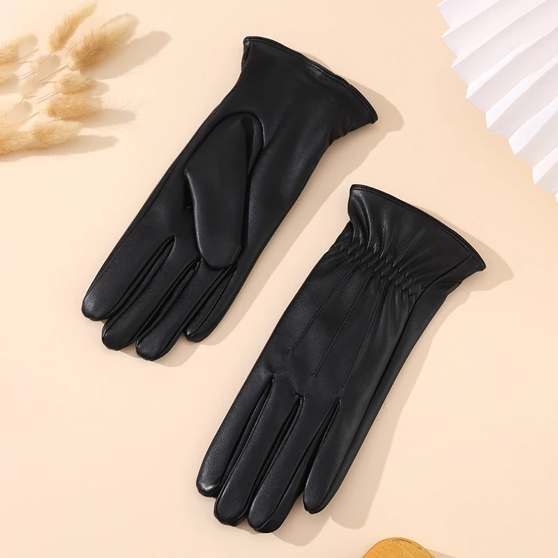 Winter warm black fashion ladies PU touch screen leather gloves