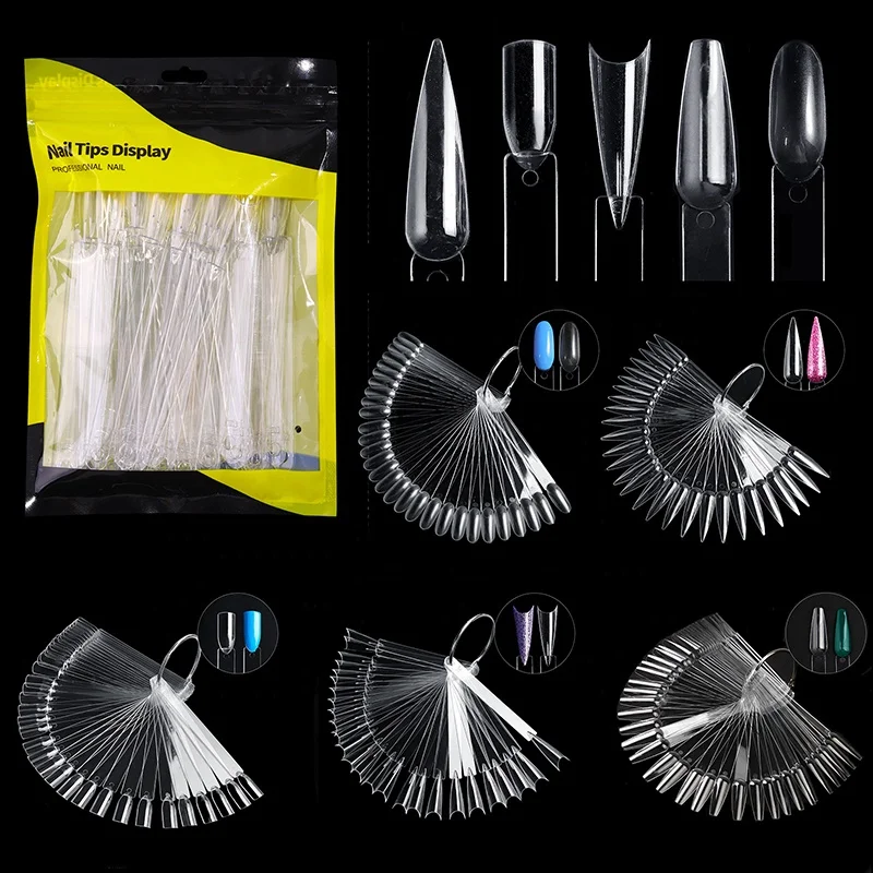50pcs False Nail Tips Nail Art Fan Shaped Palette Card Display Acrylic Practice Color Chart For Nail Polish With Ring Clear