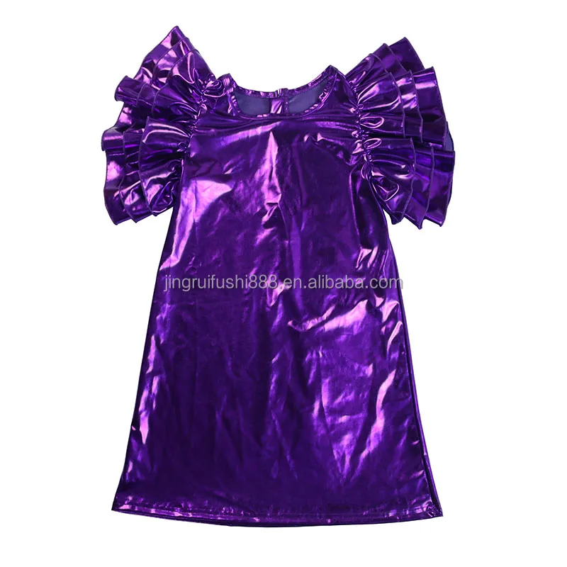 Boutique Multicolor Metallic Fabric Baby Girls T-shirt Dress Flutter Sleeve Fashion Kids Baby Solid Color Dress With Zippers
