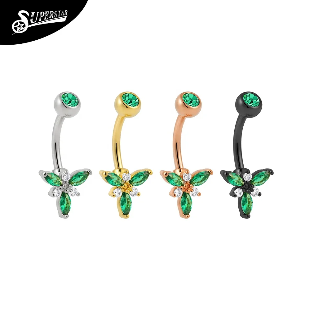 Superstar G23 titanium externally threaded belly button ring 3 emerald marquise shape zircon PVD navel body piercing jewelry