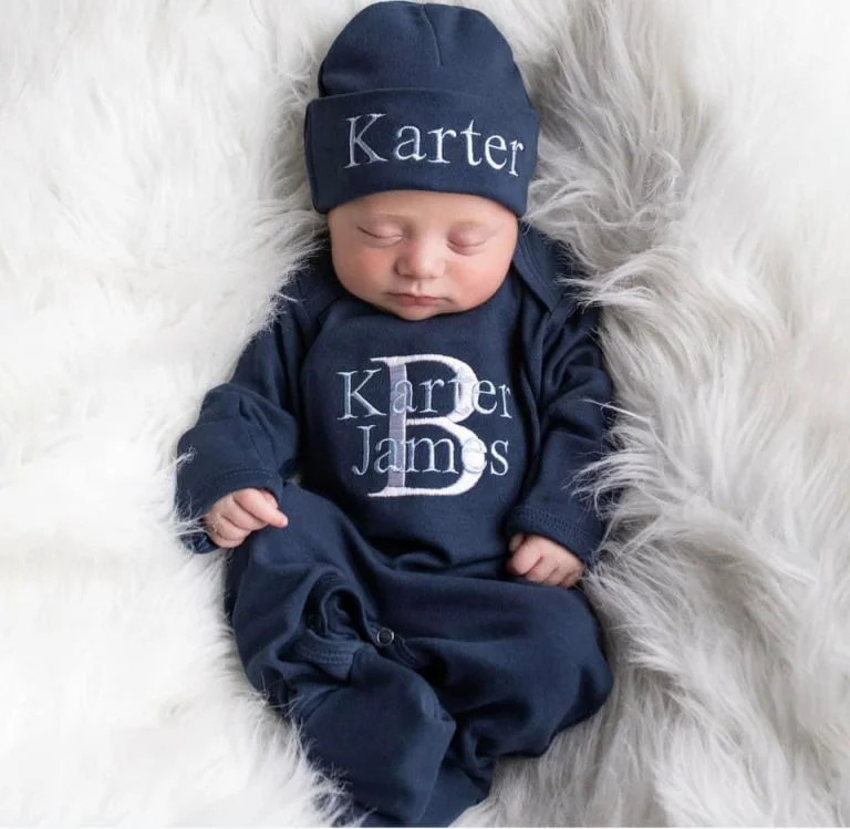 Monogrammed Spring Fall Newborn Baby Pajamas Knitted Solid Cotton Unisex Baby Romper Hat Set  Envelope Collar Footed Sleeper