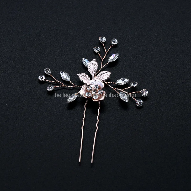Wedding bridal jewelry set Tiara luxury 3 pcs gold color metal leaves 4 flowers rhinestones U shape hair pins and hair combs set